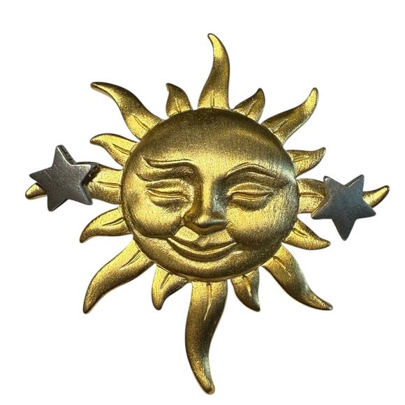 Vintage JJ Jonette Brooch Signed Gold Tone Celestial Sun Star Earrings Lapel Pin - Picture 3 of 7